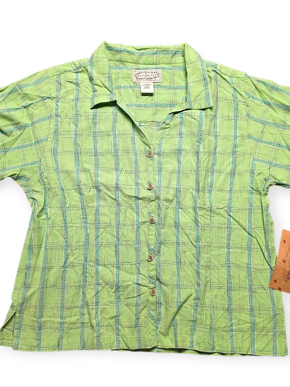 NWT Flyshacker Pea Green Plaid Boxy Camp Shirt Women's Large